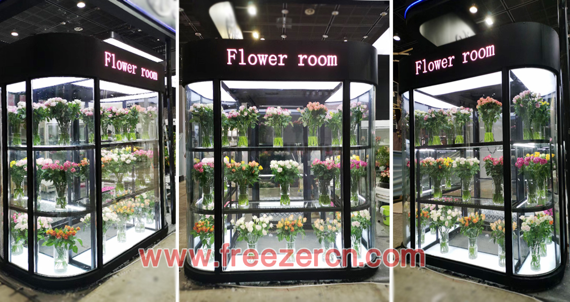 Curved glass walk in floral cooler