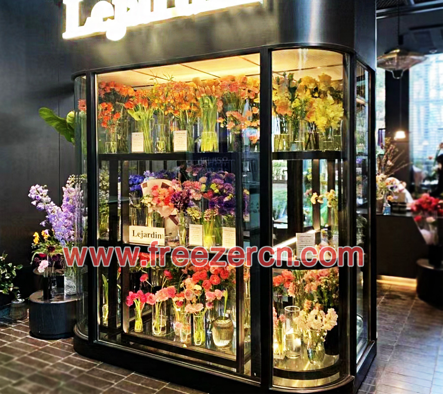 Curved glass walk in floral cooler