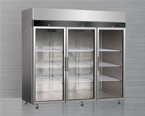 Three large glass door vertical refrigerators